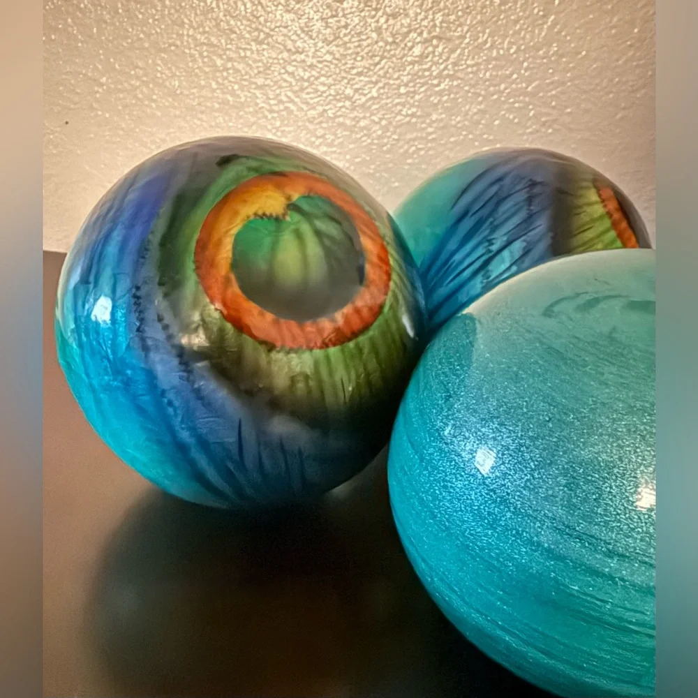 Pier 1 Peacock Orb Sphere Set | Teal Multi Color Decorative Balls Set of 3 | 4”